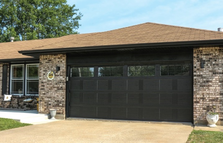 Country Manor garage door Mission panel design in Black with oversized 4 pane square windows